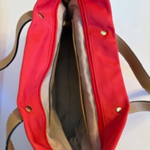 Calvin Klein Red Nylon Tote Bag with Gold-tone Hardware and Tan Handles